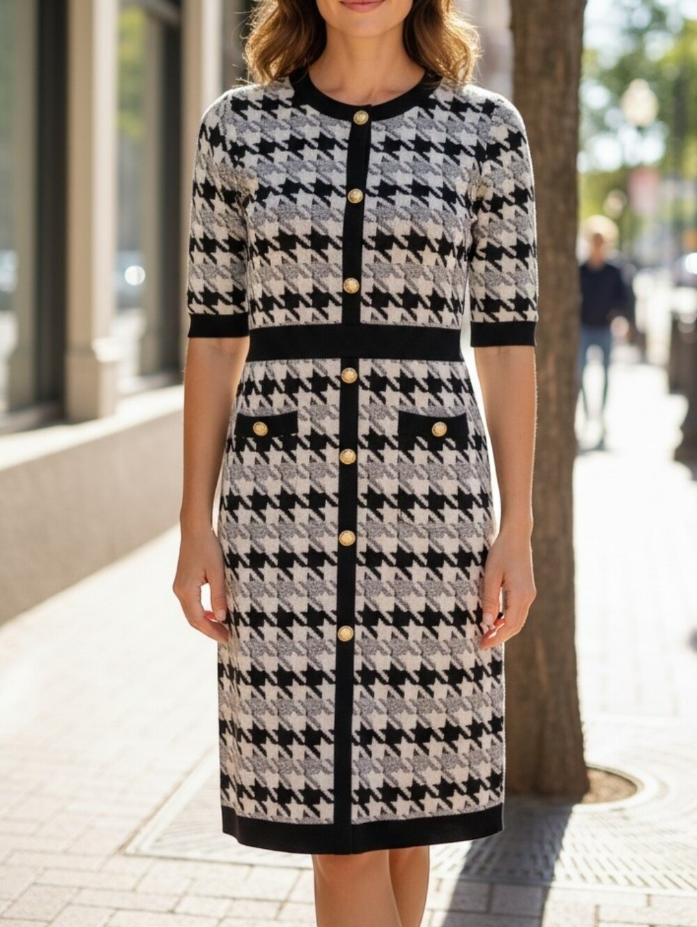 Taylor Women's Houndstooth Dress with Gold Buttons | Size XL |
